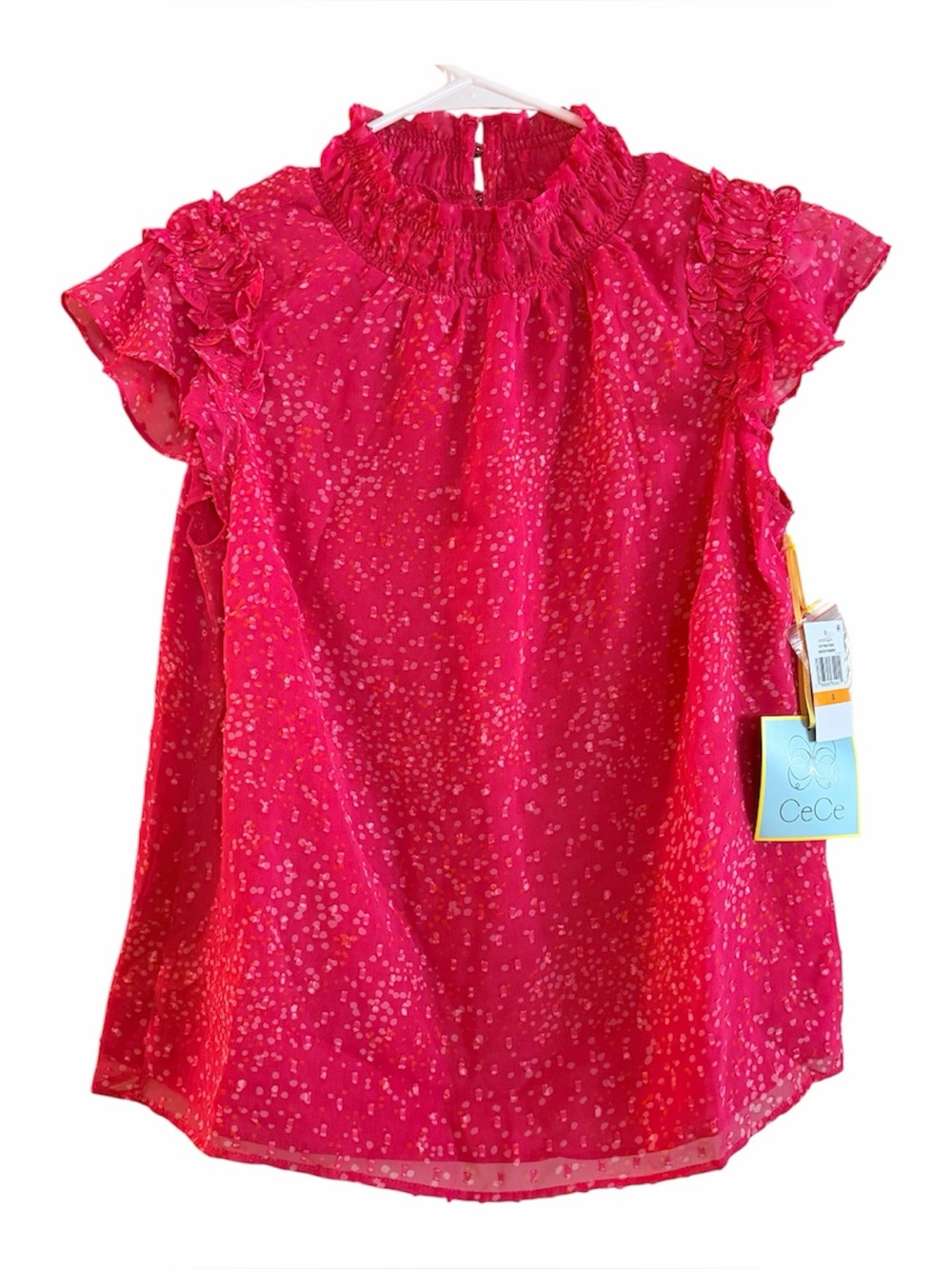 CeCe Pink Confetti Print Ruffled Mock Neck Short Sleeve Preppy Blouse Size S NWT